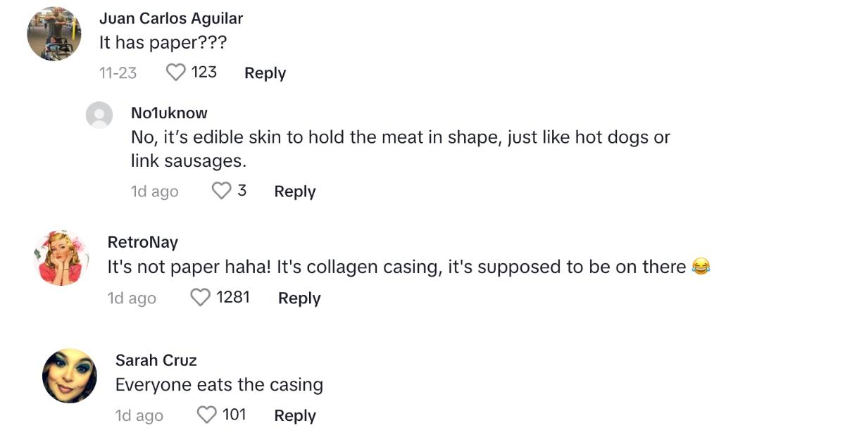 Commenters discuss the collagen casing on Slim Jims