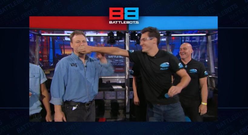 Ethan Kurtz covering Martin Mason's mouth on Discovery Channel's 'BattleBots' 