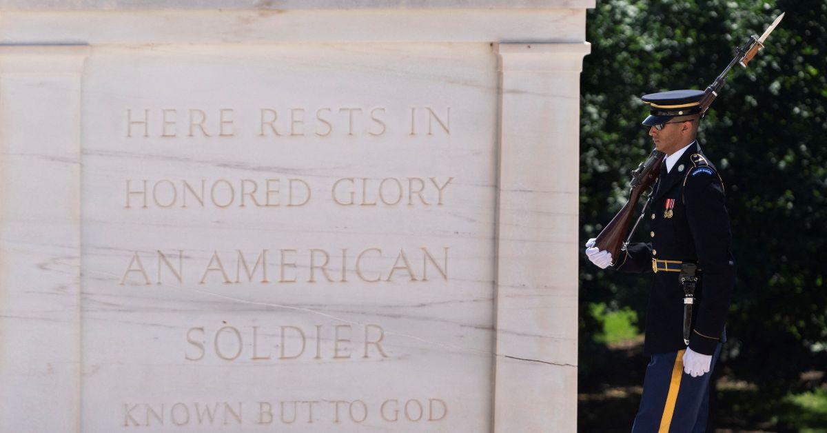 A Sentinel from the 3rd US Infantry Regiment marches past the tomb of the Unknown Soldier during a change of guard