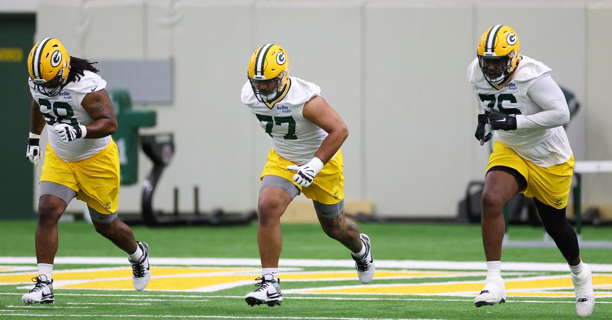 Trente Jones #68, Kadeem Telfort #76, and Jordan Morgan #77 at Packers Rookie Minicamp in May 2024