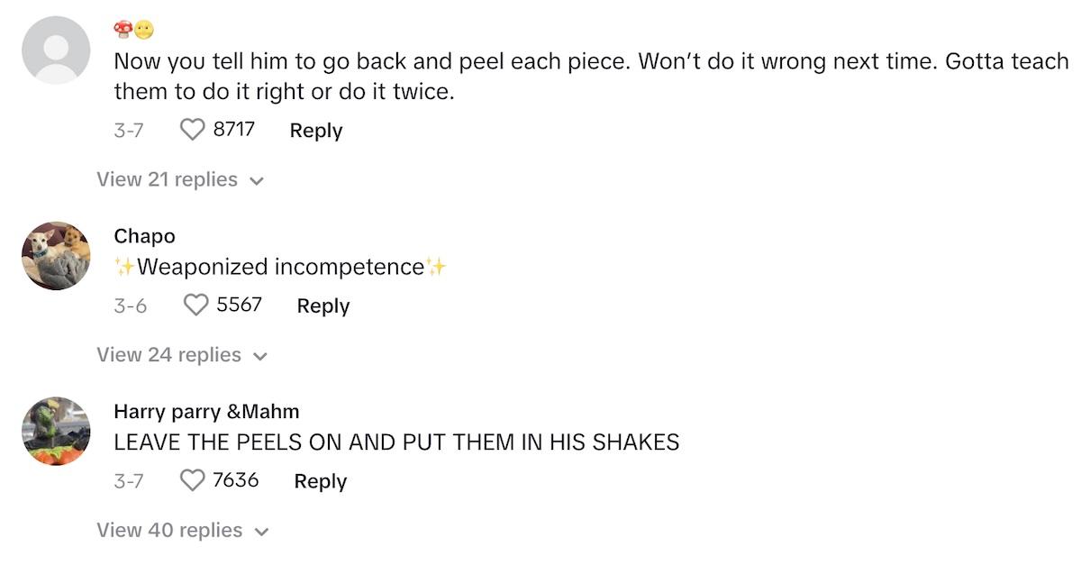 Husband cuts banana with peel on - TikTok comments