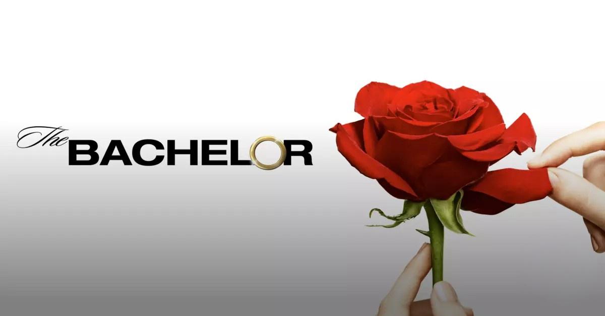 'The Bachelor' logo alongside someone plucking petals from a red rose.