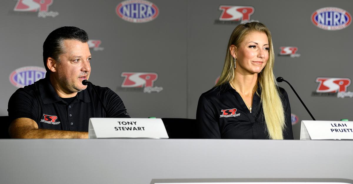 Tony Stewart and Leah Pruett during a press conference.