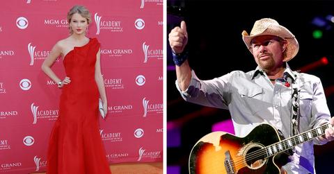 Toby Keith giving thumbs up and Taylor Swift on the red carpet.