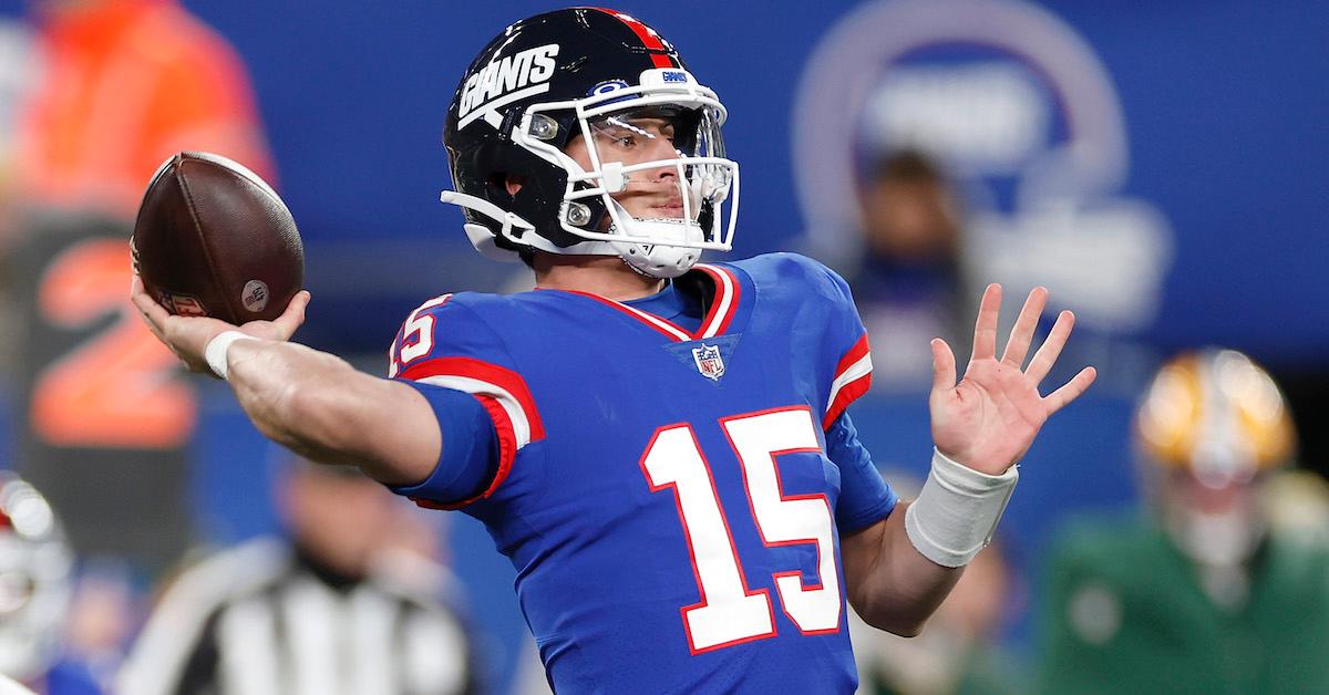 Tommy DeVito #15 of the New York Giants throws a pass against the Green Bay Packers during the first quarter of the game at MetLife Stadium on Dec. 11, 2023 