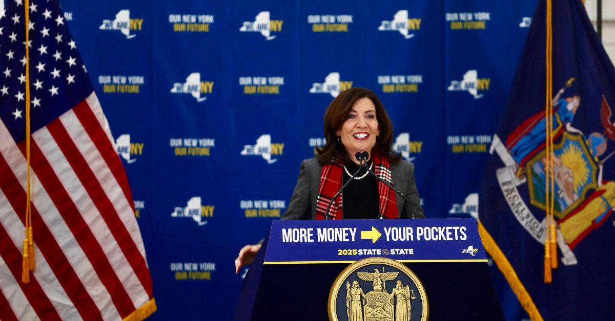 Kathy Hochul at a press conference in January of 2025. 