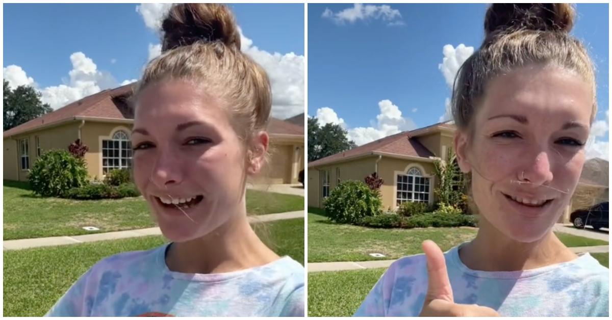 TikTok user Maddie Kerns drops off food delivery at customers house, smiles and gives a thumbs up.