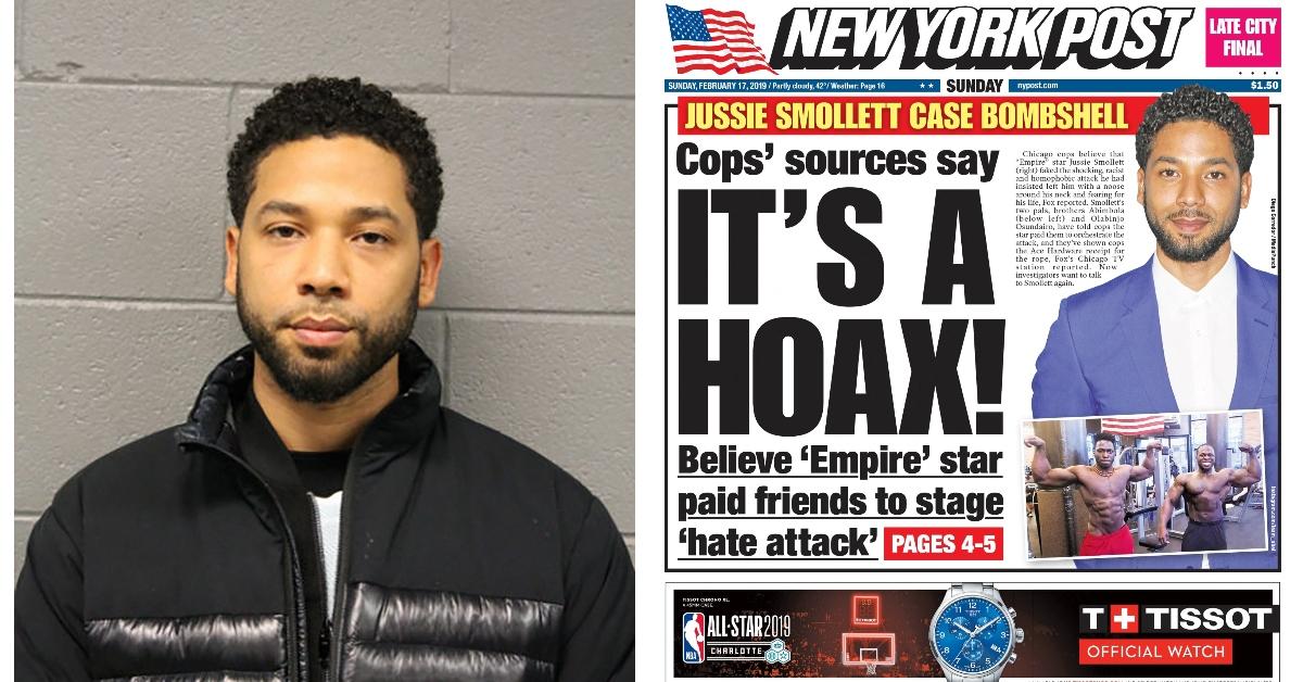 (L-R): Jussie Smollett mug shot; Cover of the 'New York Post' claiming Jussie Smollett created a hoax