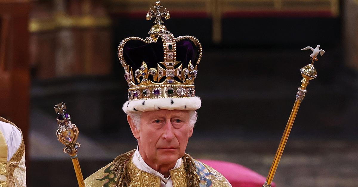 King Charles at his coronation wearing his crown. 