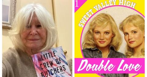 Sweet Valley High author Francinr Pascal holding up book Little Crew of Butchers in 2020