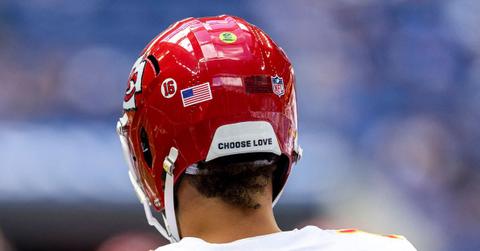 Patrick Mahomes with Choose Love on the back of his helmet.