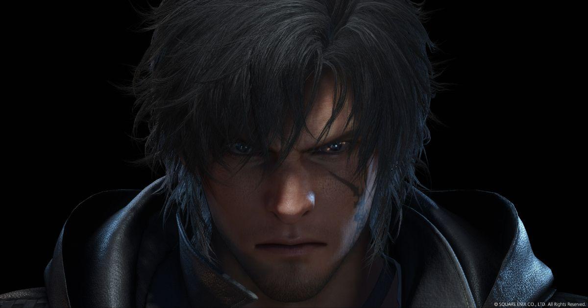 A closeup shot of Clive's face in Final Fantasy XVI with a black background.