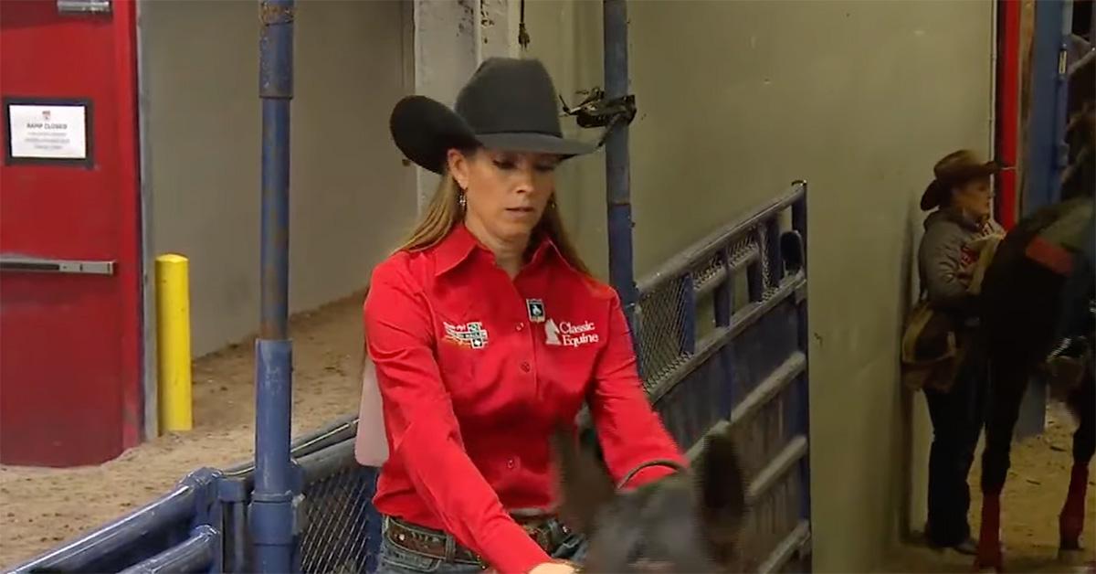 Kassie Mowry on horseback in a red shirt. 