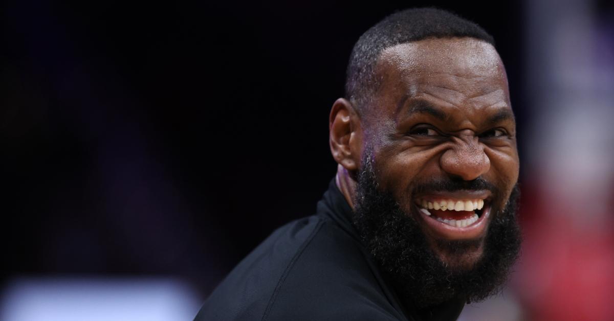 LeBron James smiling before playing against the Washington Wizards at Capital One Arena on April 3, 2024