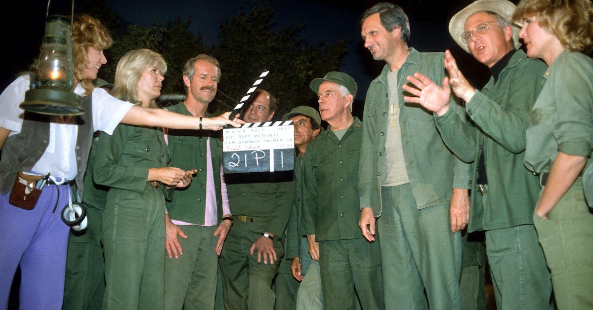 The last episode of MASH,'Goodbye, Farewell and Amen'. 'Goodbye, Farewell and Amen' remained the most watched television broadcast in American history. From second left: Loretta Swit, Mike Farrell, David Ogden Stiers, Jamie Farr, Harry Morgan, Alan Alda, William Christopher and Judy Farrell at Fox Ranch, June 18, 1984 at the Malibu Creek State Park in California