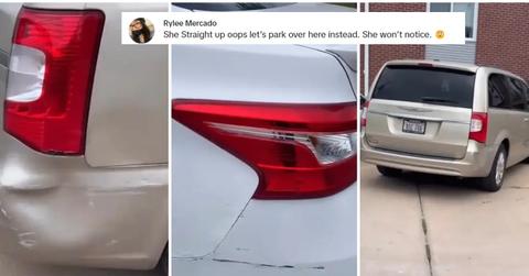 A woman's van and her neighbor's car after a hit-and-run