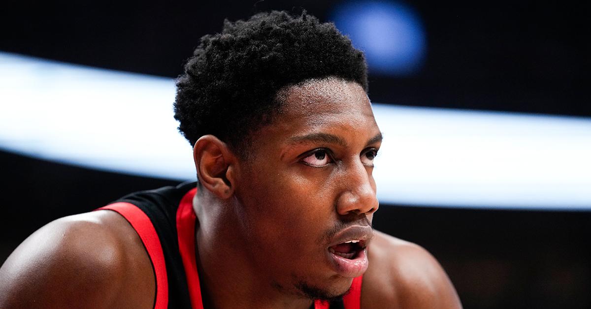 RJ Barrett looks on against the Cleveland Cavaliers during the first half of their basketball game on Feb. 10, 2024 