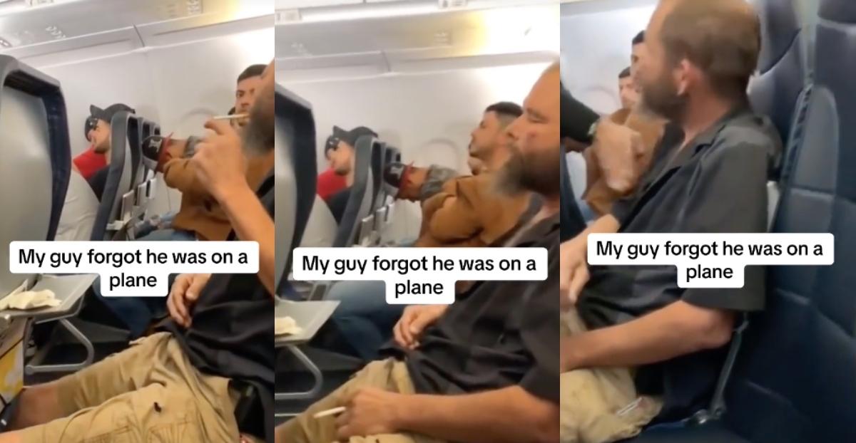 man smokes on airplane