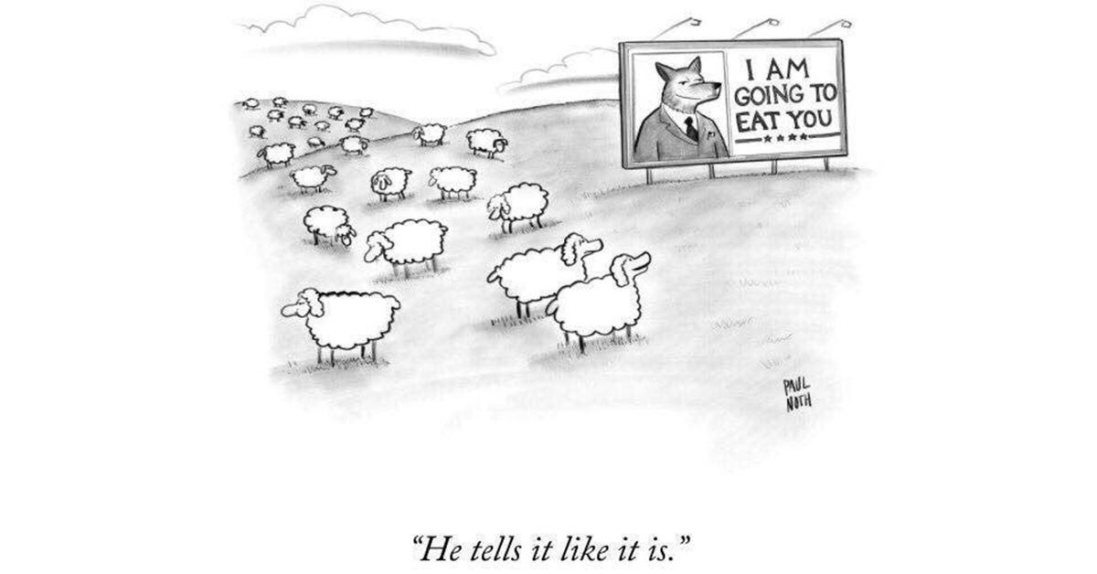 A cartoon in which sheep offer support for a wolf who says he will eat them. 