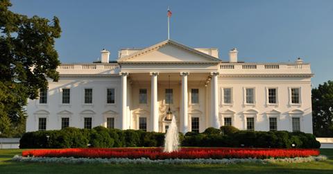 A view of the White House from the front lawn.