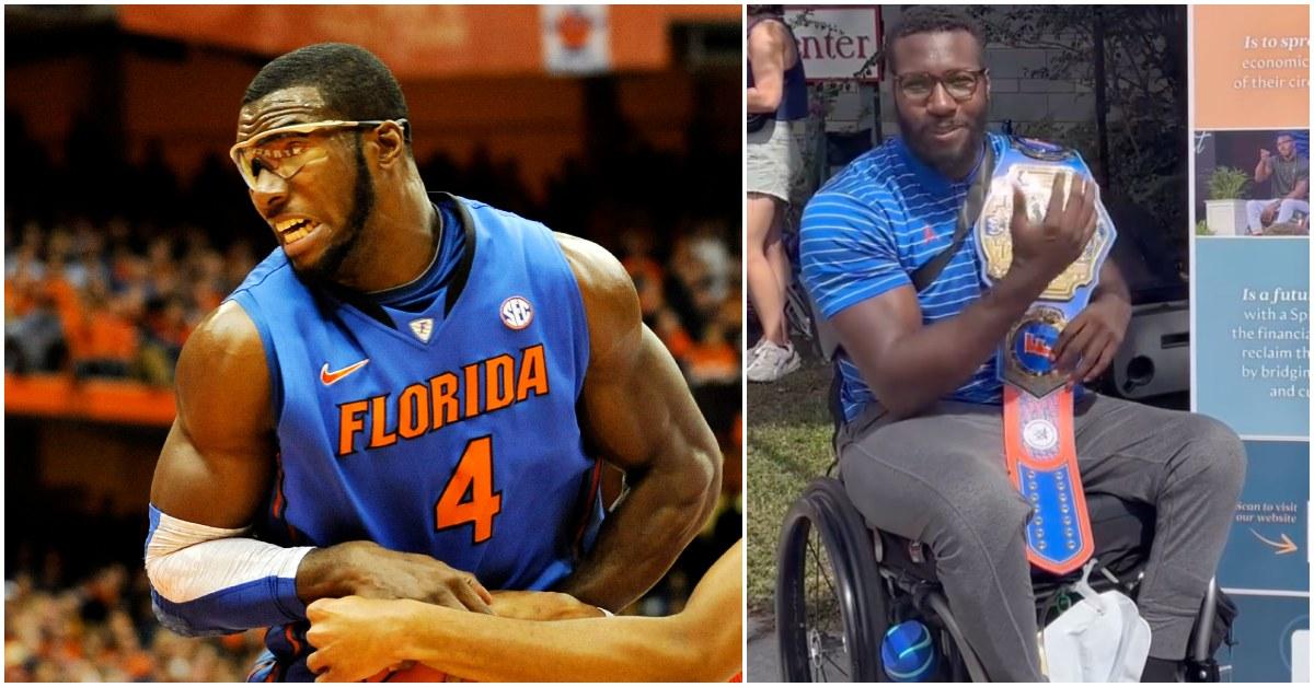 Patric Young playing for UF and years later, in a wheelchair.