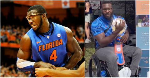 Patric Young playing for UF and years later, in a wheelchair.