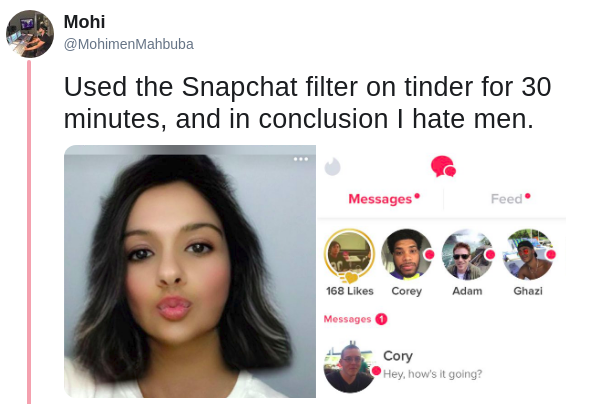 Vær modløs Royal familie arbejdsløshed Guy Trolls over 300 Dudes on Tinder with Woman Snapchat Filter