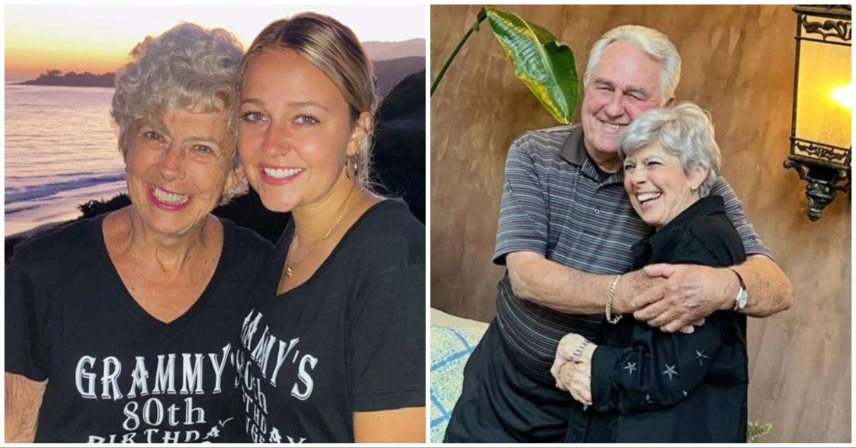 Jane Pitt celebrates her 80th birthday with her granddaughter; Jane Pitt poses with her husband, William.