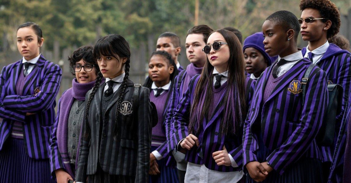 Wednesday Addams (Jenna Ortega, pictured center) and her classmates at Nevermore Academy