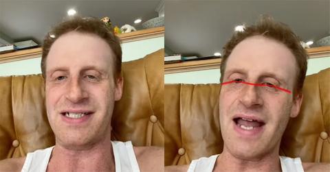 A man talking about his canthal tilt and then trying the filter on a couch.