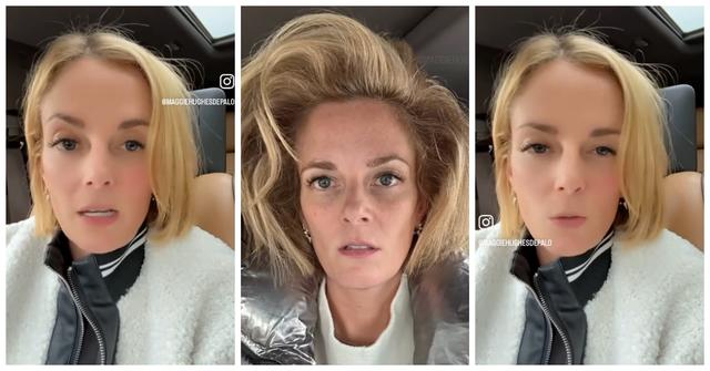 A woman shows the results of a wild blowout she got at a hair salon