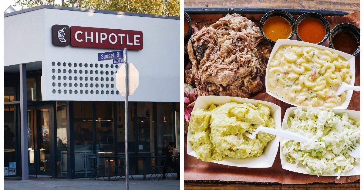 Chipotle storefront and tray of food with BBQ and mac and cheese
