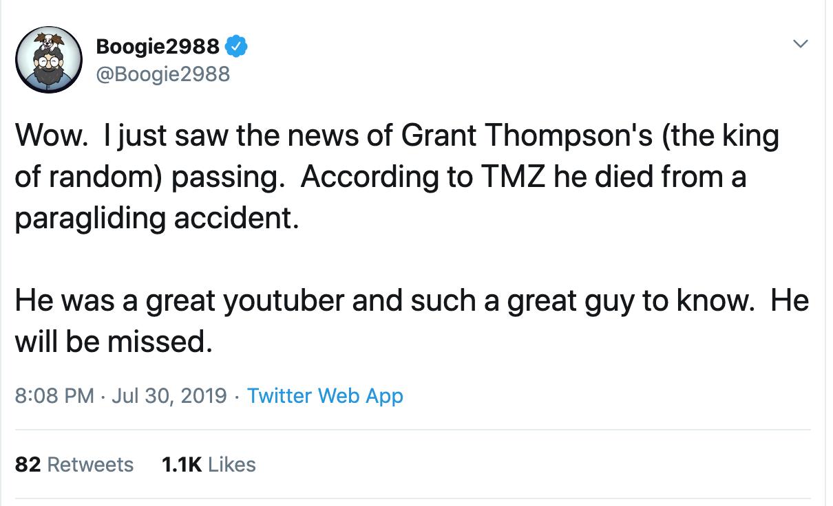 how did grant thompson die youtube tribute