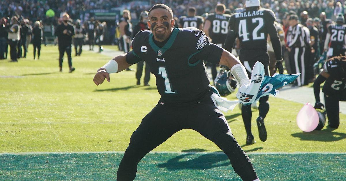 Philadelphia Eagles quarterback Jalen Hurts (1) signals to the crowd before the game against the New York Giants on December 26, 2021 at Lincoln Financial Field