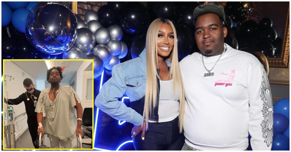 (l-r): Brentt Leakes in the hospital after his heart transplant, NeNe Leakes and Brentt at his 25th birthday party.