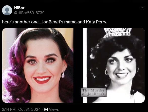 Screenshot of Katy Perry and JonBenet's mom photos from X