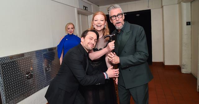 Sarah Snook, Kieran Culkin and Alan Ruck holding his cane.