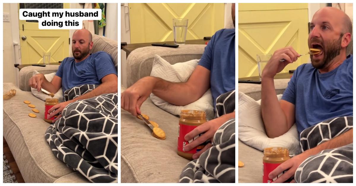 A man demonstrating his method for eating peanut butter and Ritz crackers