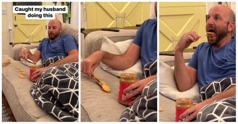 A man demonstrating his method for eating peanut butter and Ritz crackers