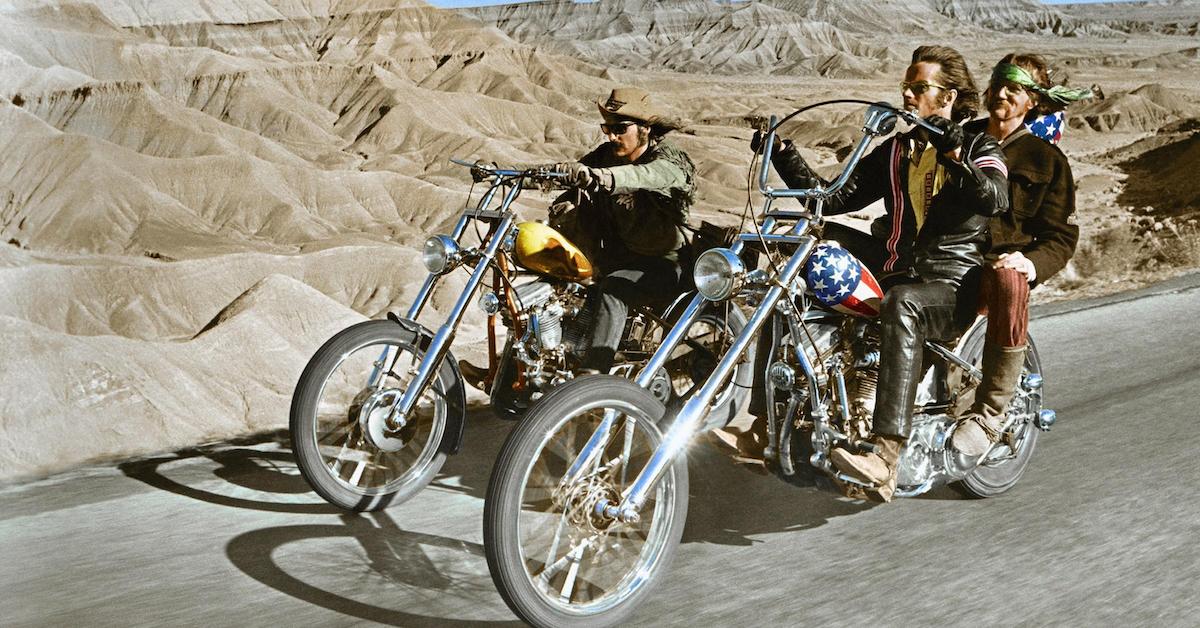 Dennis Hopper and Peter Fonda riding their chopper motorcycles, with Luke Askew, in a publicity still for the film "Easy Rider" in 1969.