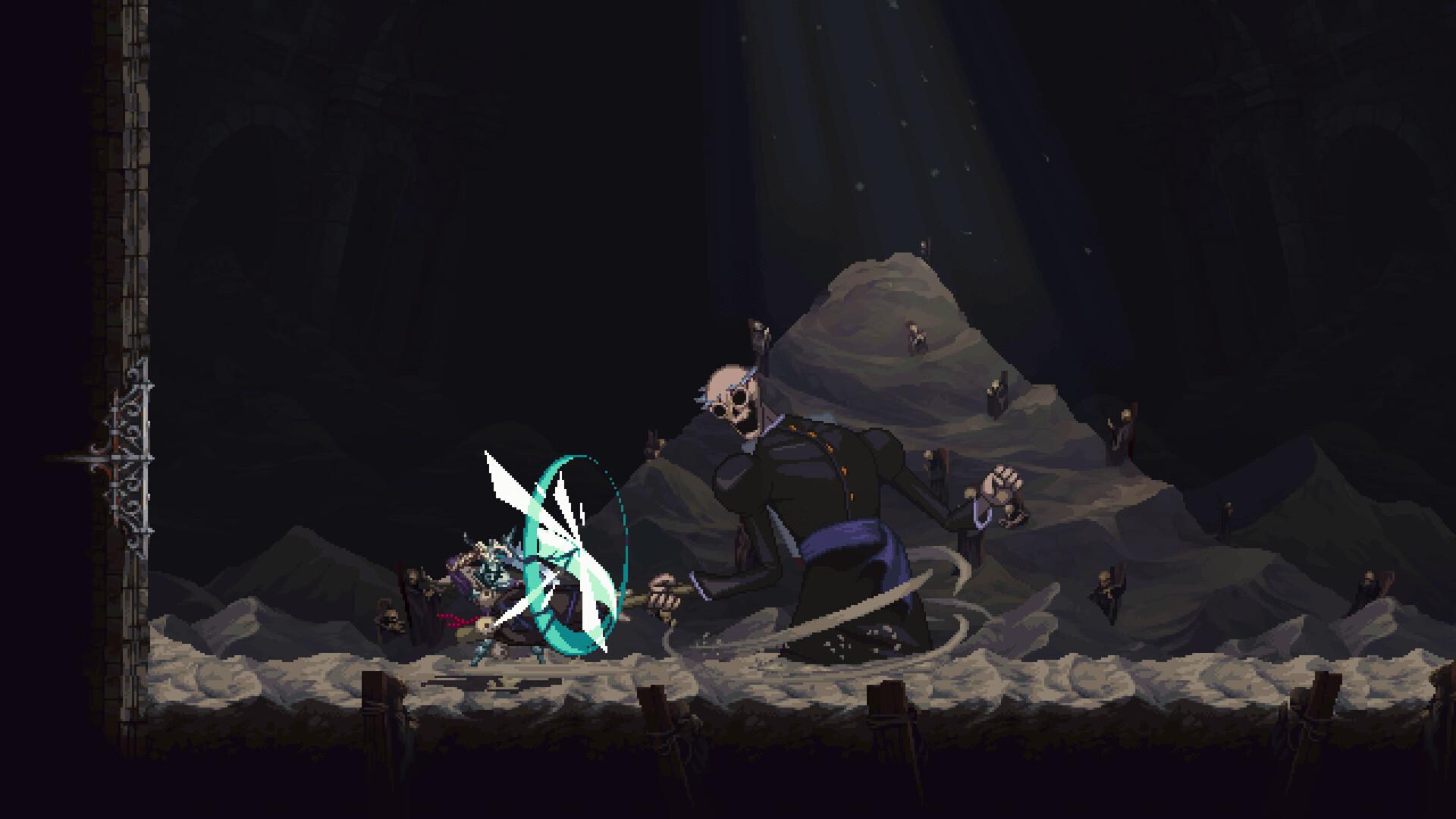 'Blasphemous II' The Penitent One facing off against a skeleton boss.