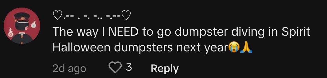 "The way I NEED to go dumpster diving in Spirit Halloween dumpsters next year😭🙏"
