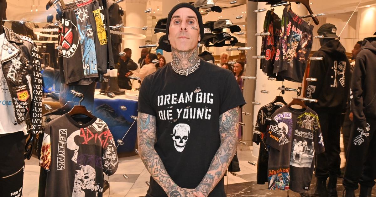 Travis Barker attends the launch of Travis Barker's fashion brand DTA (Don't Trust Anyone) on Oct. 10, 2023