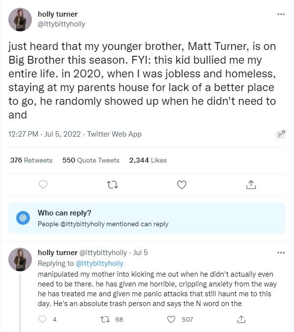 Holly Turner tweet about brother Matt