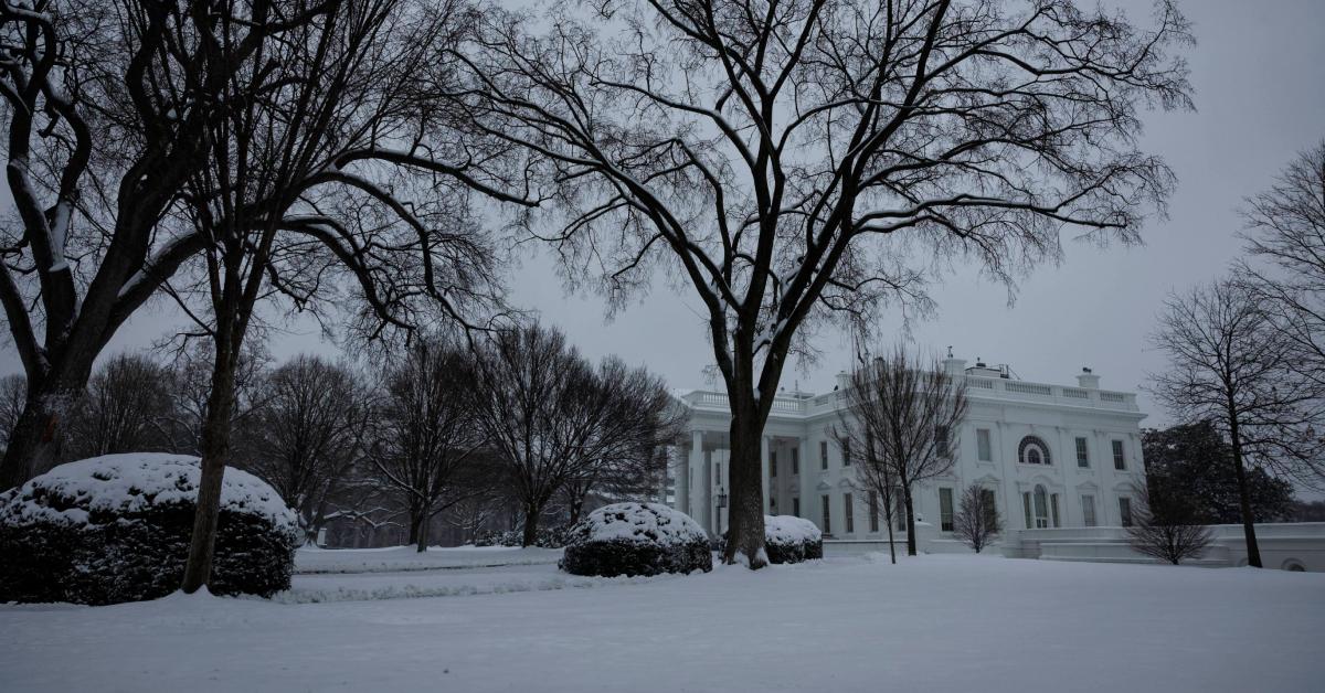 Snow covers The White House in January 2025.