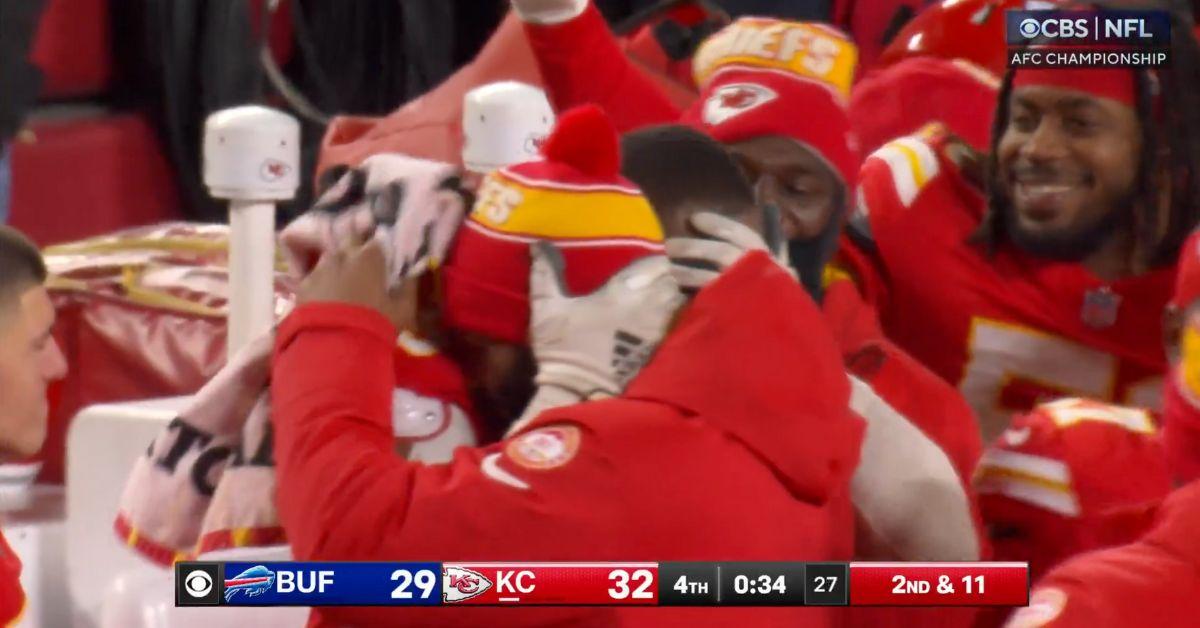 Chris Jones crying following the Chiefs victory. 