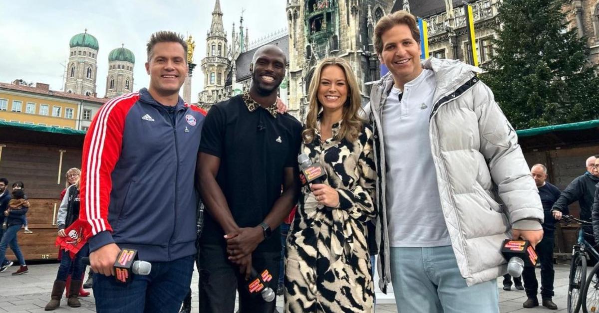 Jamie Erdahl, Kyle Brandt, Peter Schrager, and Jason McCourty filming Good Morning Football in Germany in 2022