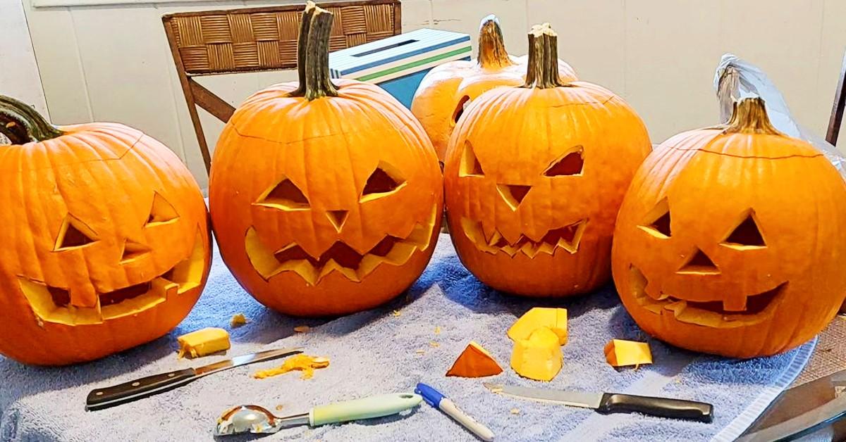 A bunch of carved pumpkins sitting on a towel