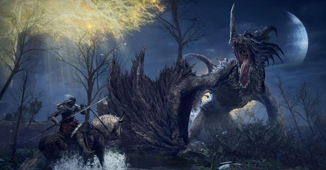 An Elden Ring character battling a dragon while on horseback.
