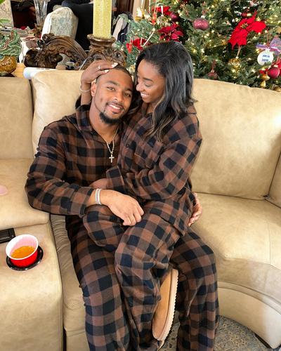 Simone Biles and Jonathan Owens in matching PJs